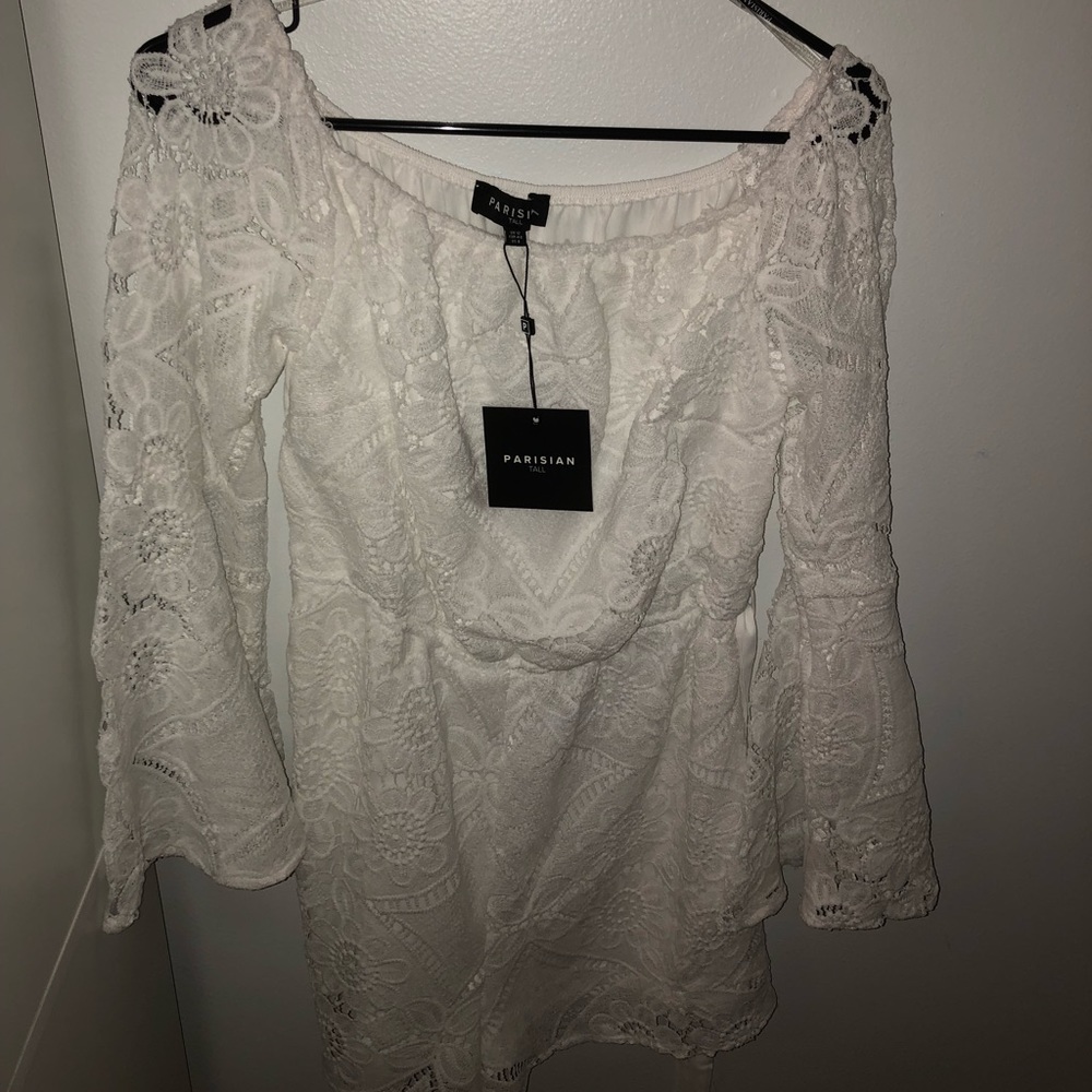 Off the shoulder white lace romper